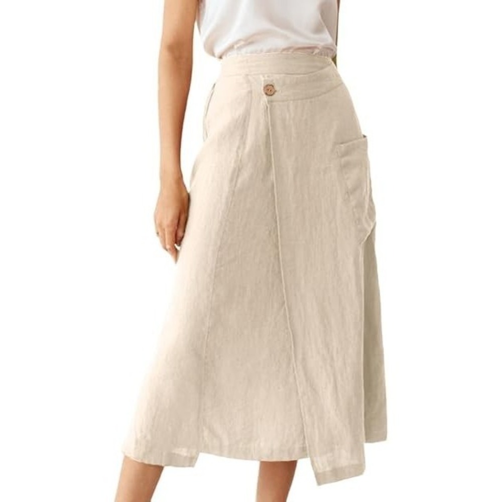 Lintico Skirt Womens Large Beige Linen Lagenlook Neutral Midi Pockets Resort